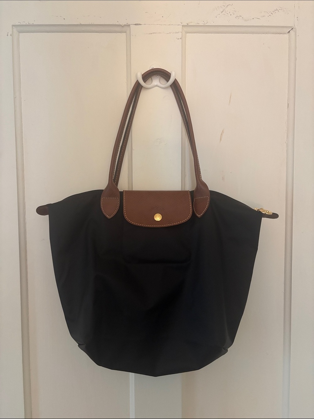 Longchamp Pliage Medium Black Tote Bag with Brown Leather Trim, Like New